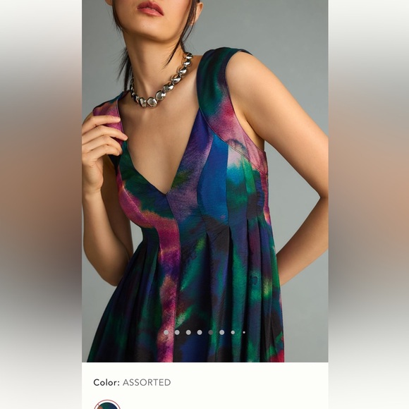 Anthropologie printed v neck pleated a line dress net - Picture 3 of 8